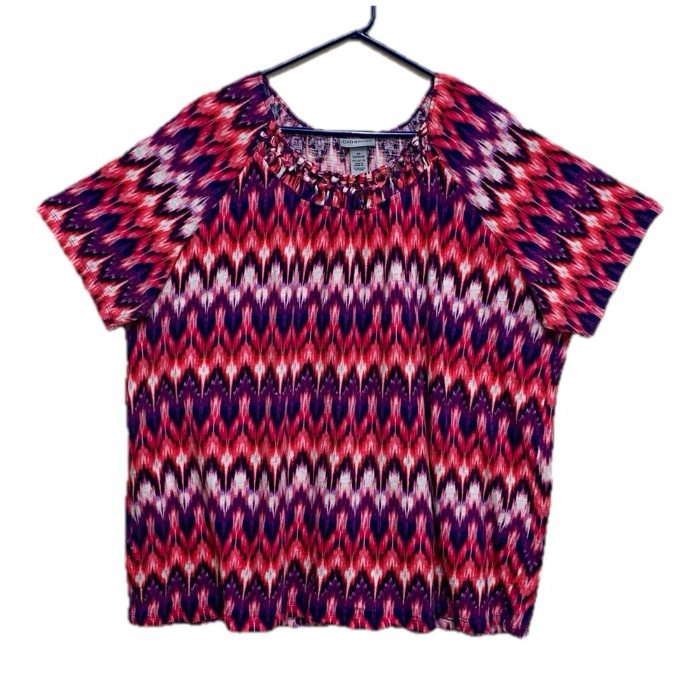 Catherines Top Womens Size 2X Pink Purple White Ikat Knit Short Sleeve Cotton
